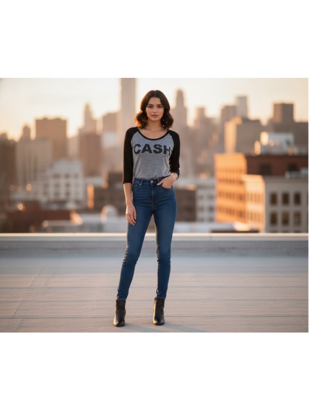 Johnny Cash Graphic Baseball Tee Women's Size M Grey Black